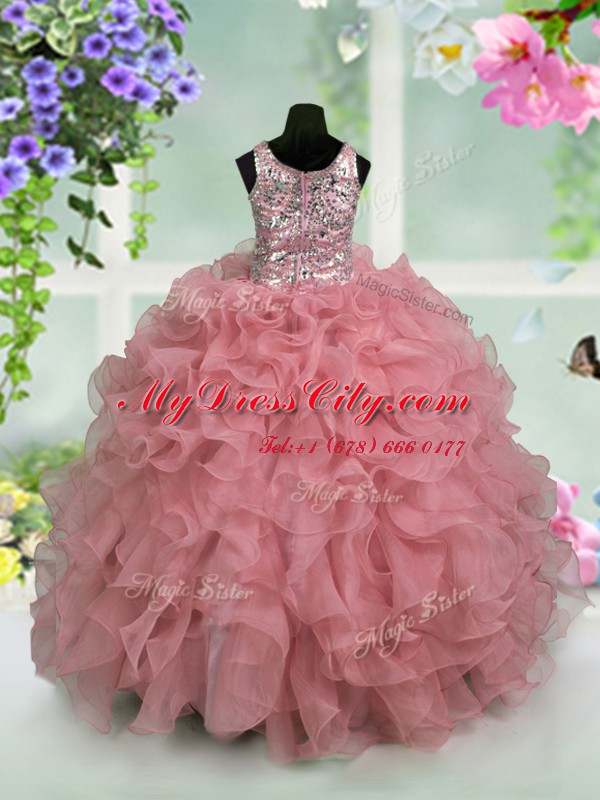 High End Scoop Pink Sleeveless Ruffles and Sequins Floor Length Winning Pageant Gowns