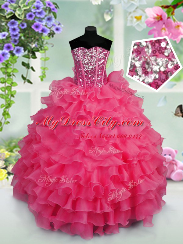 Ruffled Layers and Sequins Custom Made Hot Pink Lace Up Sleeveless Floor Length