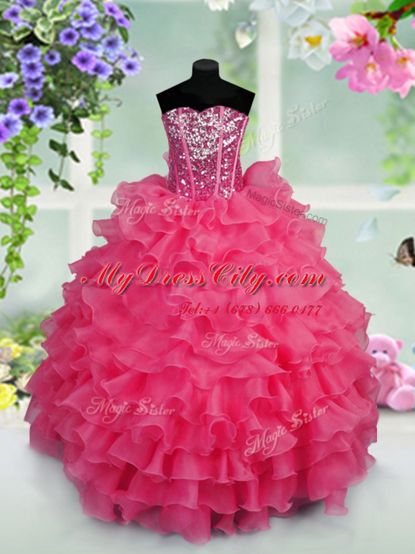 Ruffled Layers and Sequins Custom Made Hot Pink Lace Up Sleeveless Floor Length