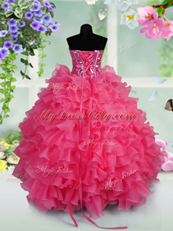 Ruffled Layers and Sequins Custom Made Hot Pink Lace Up Sleeveless Floor Length