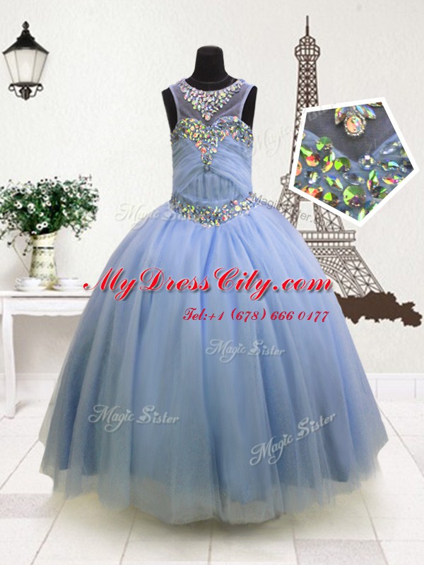 Light Blue Ball Gowns Scoop Sleeveless Organza Floor Length Zipper Beading and Ruffles Child Pageant Dress