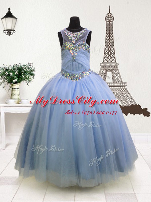 Light Blue Ball Gowns Scoop Sleeveless Organza Floor Length Zipper Beading and Ruffles Child Pageant Dress