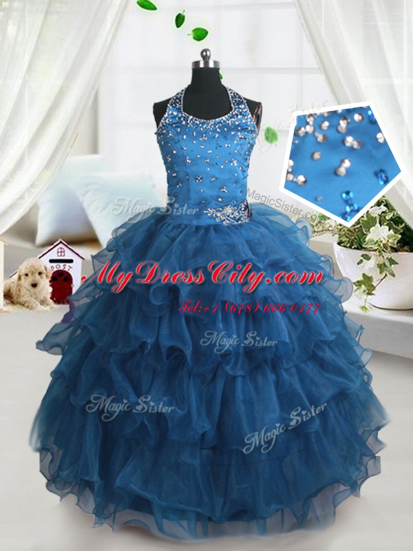 Ruffled Teal Sleeveless Organza Lace Up Little Girls Pageant Dress for Party and Wedding Party