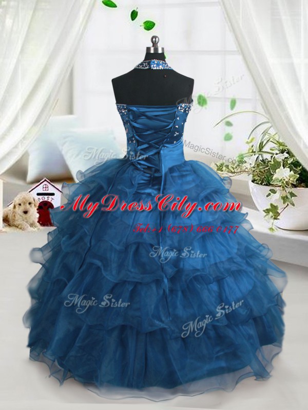 Ruffled Teal Sleeveless Organza Lace Up Little Girls Pageant Dress for Party and Wedding Party