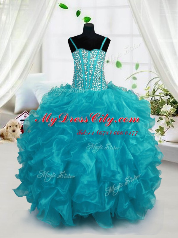 Perfect Floor Length Lace Up Glitz Pageant Dress Aqua Blue for Party and Wedding Party with Beading and Ruffles