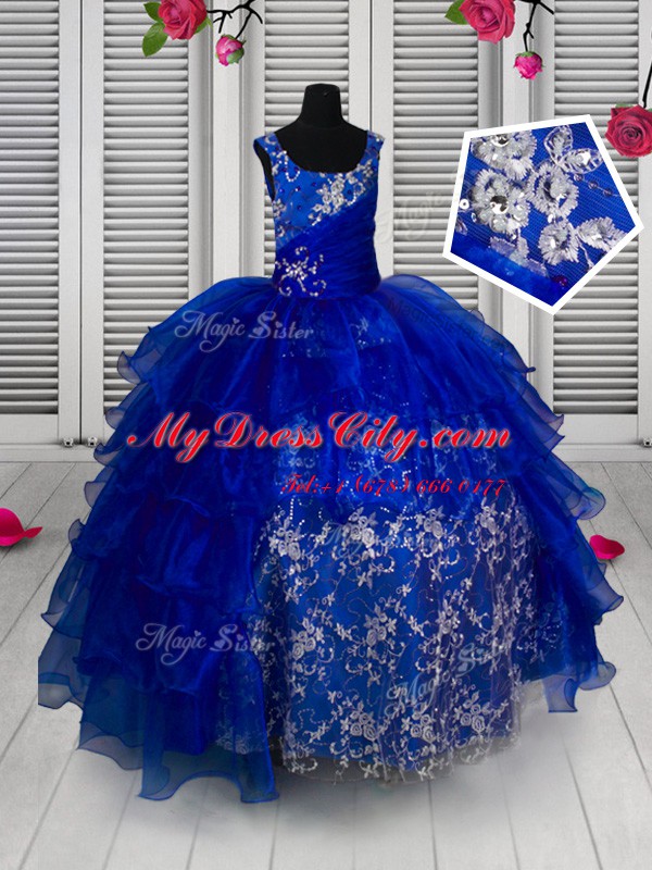 Blue Organza Lace Up Straps Sleeveless Floor Length Pageant Dress for Teens Appliques