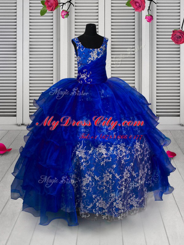 Blue Organza Lace Up Straps Sleeveless Floor Length Pageant Dress for Teens Appliques