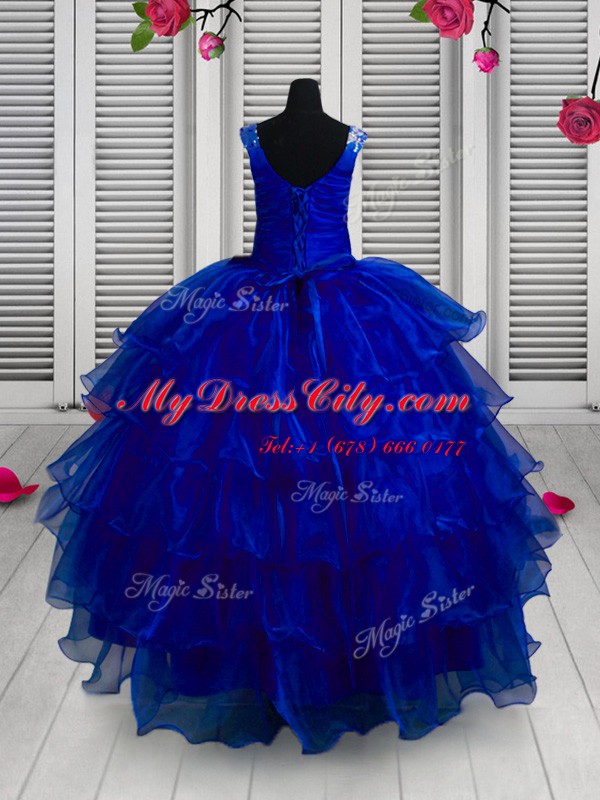 Blue Organza Lace Up Straps Sleeveless Floor Length Pageant Dress for Teens Appliques