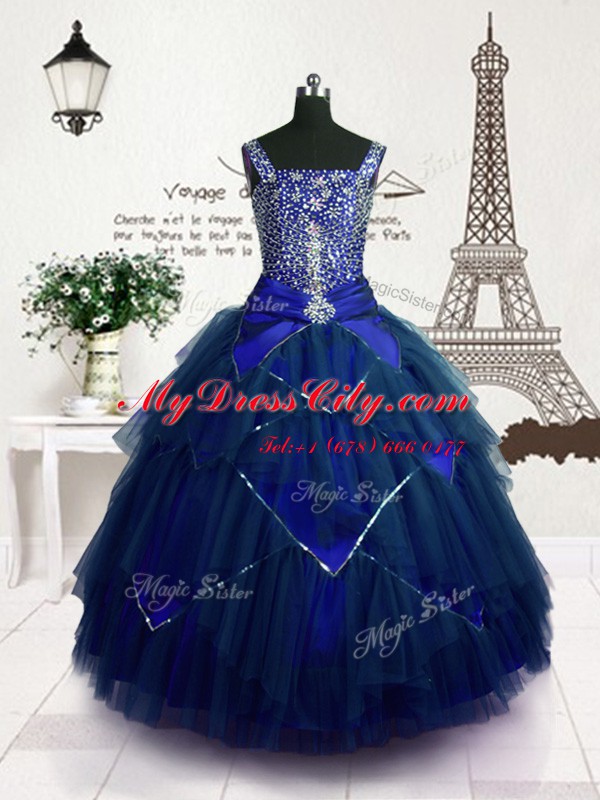 Royal Blue Ball Gowns Beading and Belt Womens Party Dresses Lace Up Tulle Sleeveless Floor Length