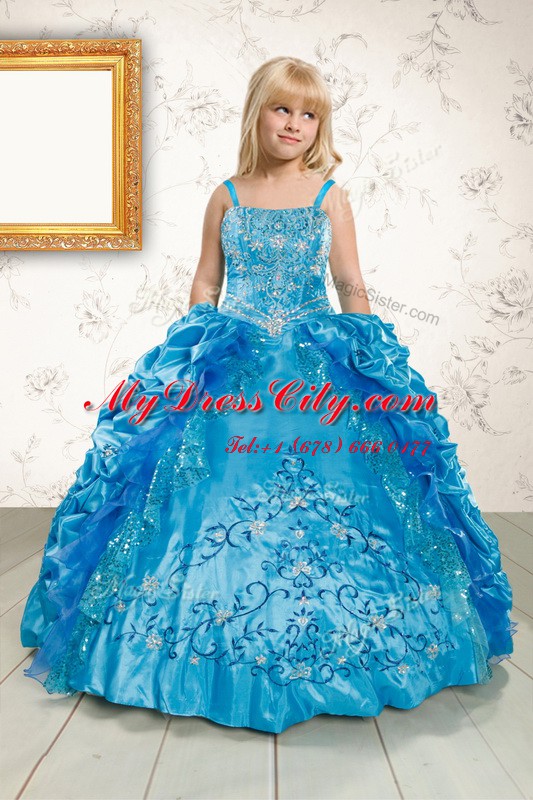 Charming Turquoise Satin Lace Up Little Girls Pageant Dress Sleeveless Floor Length Beading and Appliques and Pick Ups