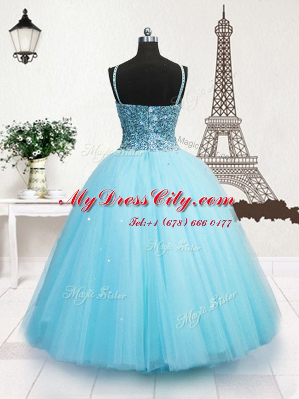 Charming Turquoise Ball Gowns Spaghetti Straps Sleeveless Tulle Floor Length Zipper Beading and Sequins Child Pageant Dress