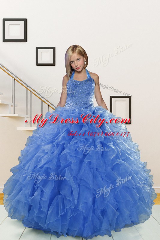 Halter Top Blue Sleeveless Organza Lace Up Pageant Gowns For Girls for Party