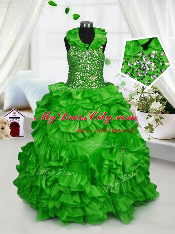 Fancy Halter Top Zipper Beading and Ruffles Kids Pageant Dress Sleeveless