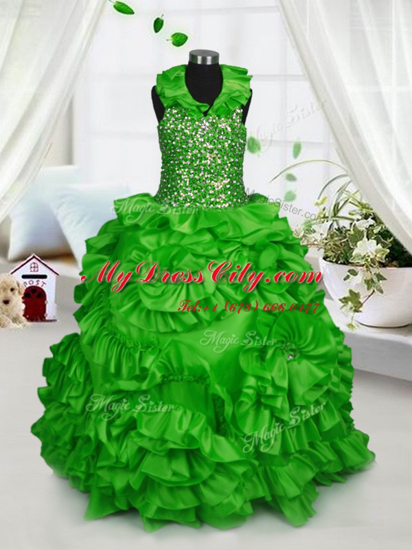 Fancy Halter Top Zipper Beading and Ruffles Kids Pageant Dress Sleeveless