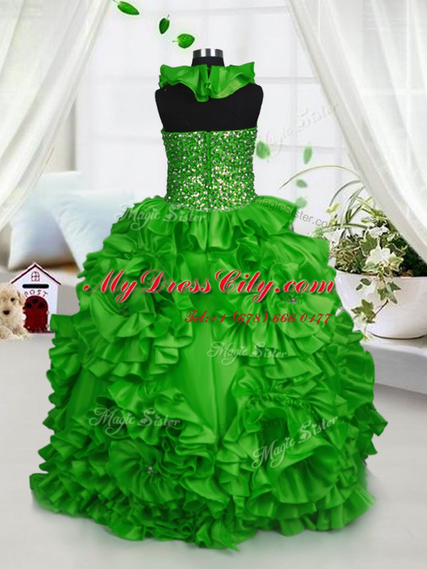 Fancy Halter Top Zipper Beading and Ruffles Kids Pageant Dress Sleeveless