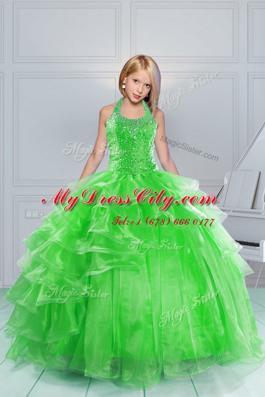 Halter Top Organza Sleeveless Floor Length Teens Party Dress and Beading and Ruffles