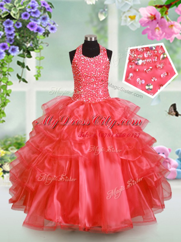 Customized Ruffled Floor Length Watermelon Red Kids Pageant Dress Halter Top Sleeveless Lace Up