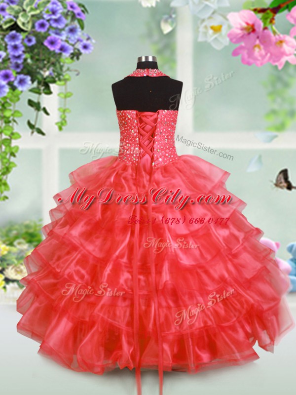 Customized Ruffled Floor Length Watermelon Red Kids Pageant Dress Halter Top Sleeveless Lace Up