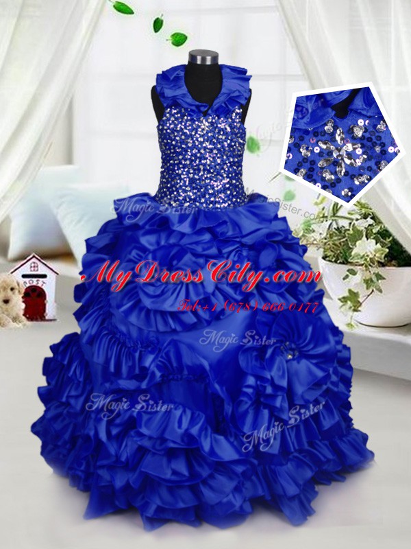 Halter Top Floor Length Royal Blue Pageant Dress for Teens Taffeta Sleeveless Beading and Ruffles