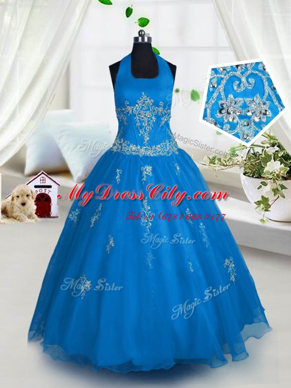 Low Price Halter Top Floor Length Aqua Blue Pageant Dresses Tulle Sleeveless Appliques