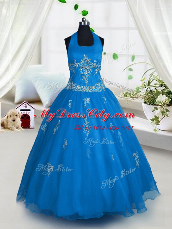 Low Price Halter Top Floor Length Aqua Blue Pageant Dresses Tulle Sleeveless Appliques