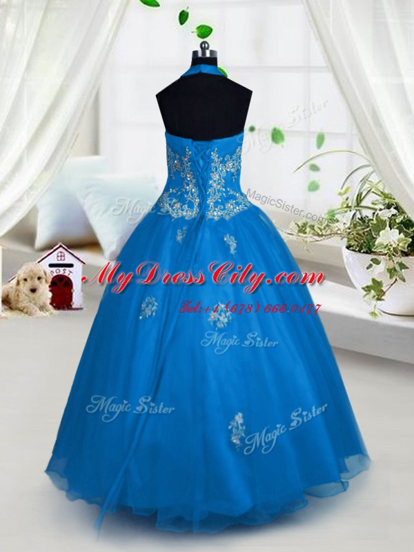 Low Price Halter Top Floor Length Aqua Blue Pageant Dresses Tulle Sleeveless Appliques