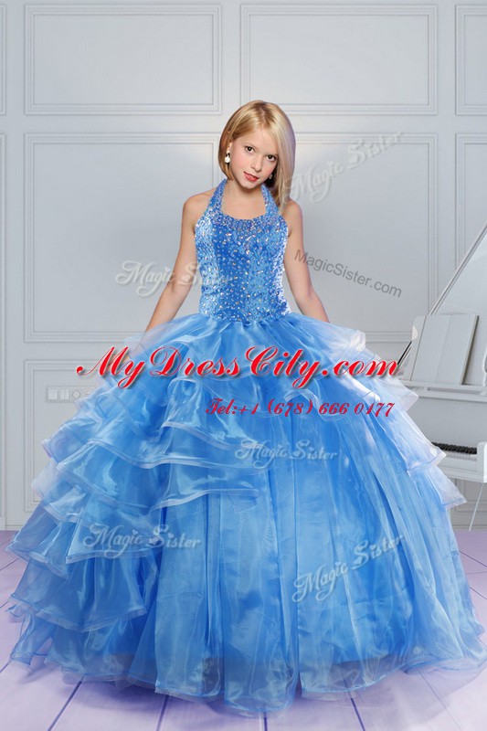 Halter Top Baby Blue Lace Up Party Dress for Girls Beading and Ruffles Sleeveless Floor Length