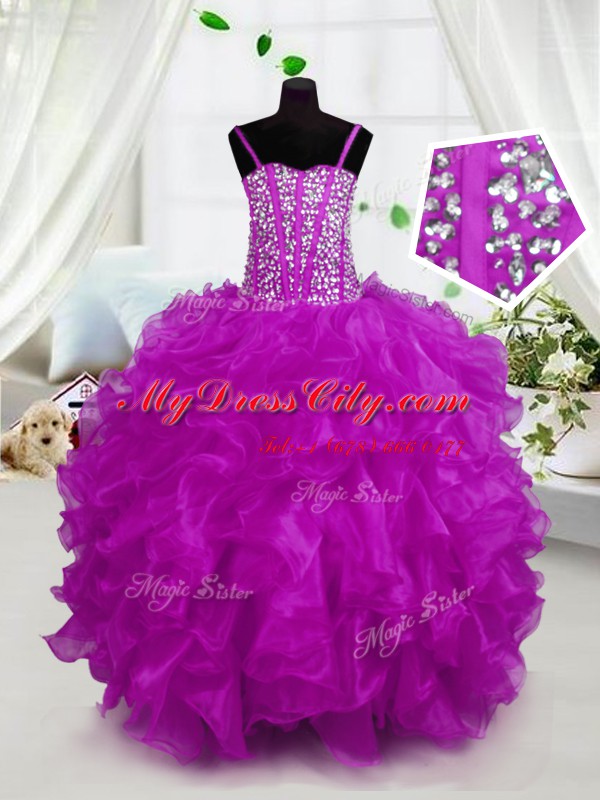 Sleeveless Lace Up Floor Length Beading and Ruffles Party Dress for Toddlers