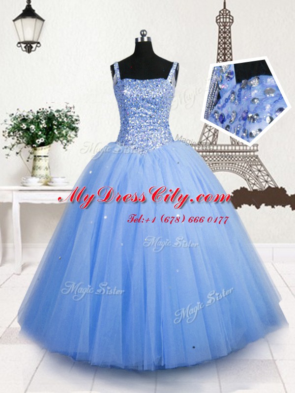 Beading and Sequins Teens Party Dress Baby Blue Lace Up Sleeveless Floor Length