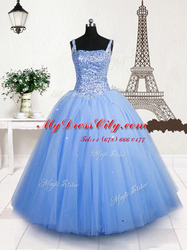 Beading and Sequins Teens Party Dress Baby Blue Lace Up Sleeveless Floor Length