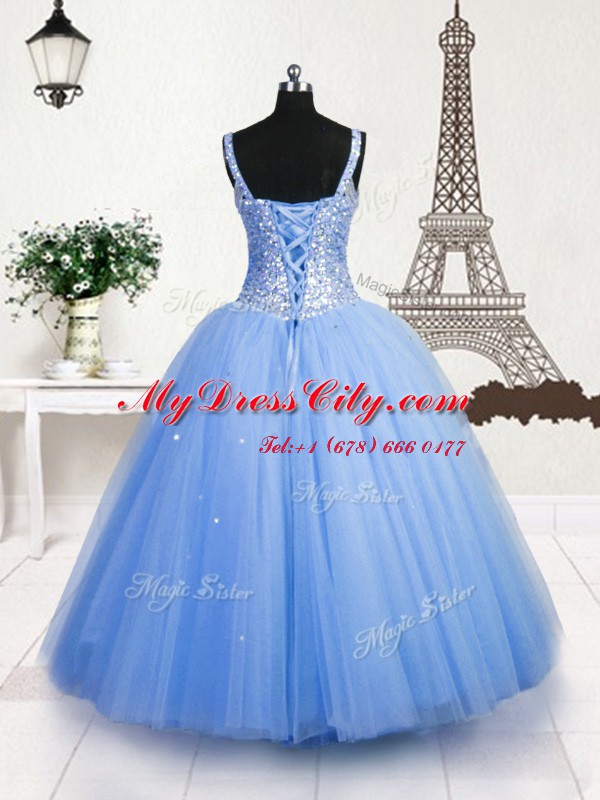 Beading and Sequins Teens Party Dress Baby Blue Lace Up Sleeveless Floor Length