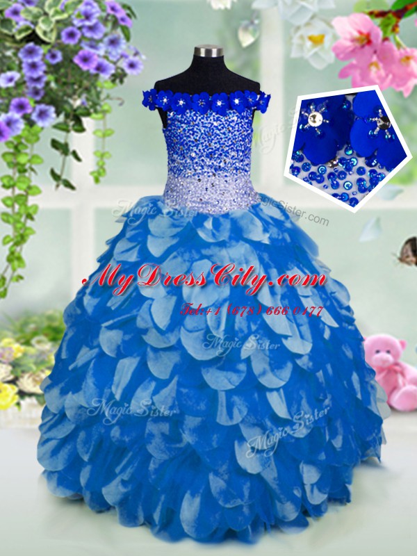 Off the Shoulder Floor Length Lace Up Pageant Gowns Blue for Party and Wedding Party with Beading and Sashes ribbons and Sequins