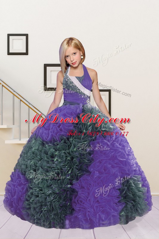 Halter Top Sleeveless Lace Up Floor Length Beading and Ruffles Pageant Dresses