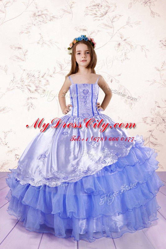 Perfect Spaghetti Straps Sleeveless Casual Dresses Floor Length Embroidery and Ruffled Layers Baby Blue Organza