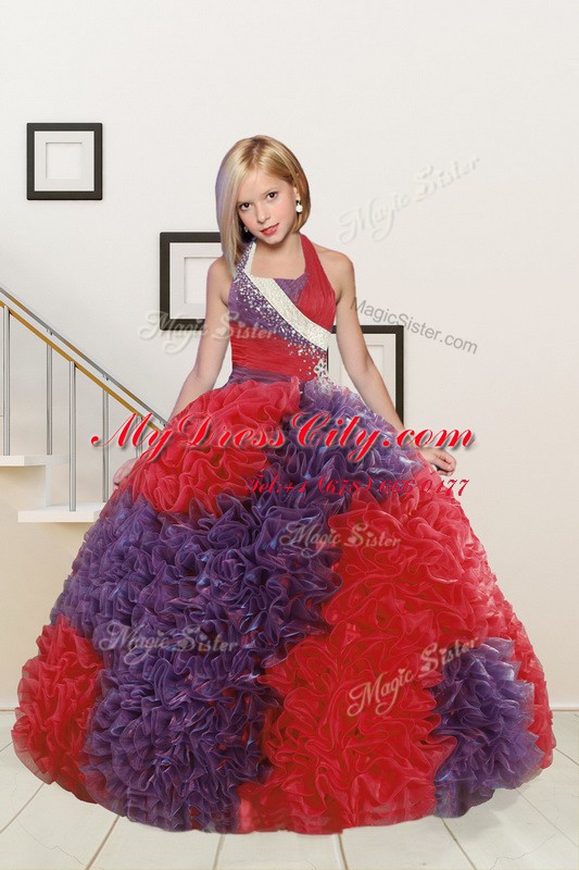 Halter Top Floor Length Ball Gowns Sleeveless Red and Purple Pageant Dress for Teens Lace Up