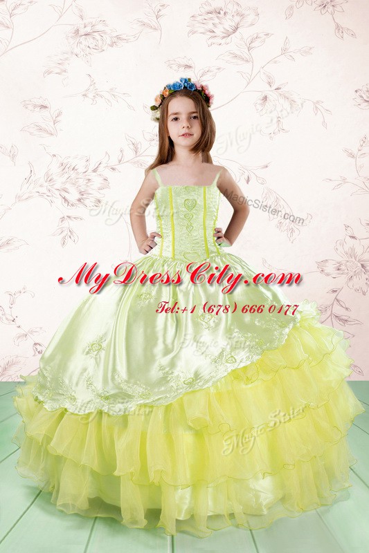 Light Yellow Lace Up Custom Made Pageant Dress Lace and Ruffled Layers Sleeveless Floor Length