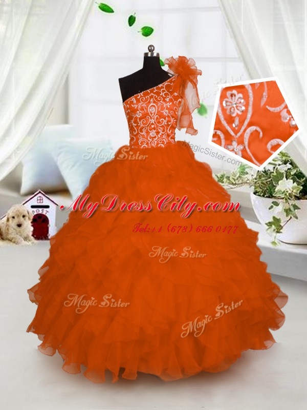 Glorious One Shoulder Embroidery and Ruffles Kids Formal Wear Orange Lace Up Sleeveless Floor Length