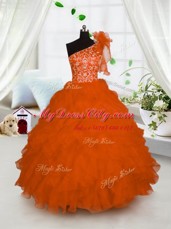 Glorious One Shoulder Embroidery and Ruffles Kids Formal Wear Orange Lace Up Sleeveless Floor Length