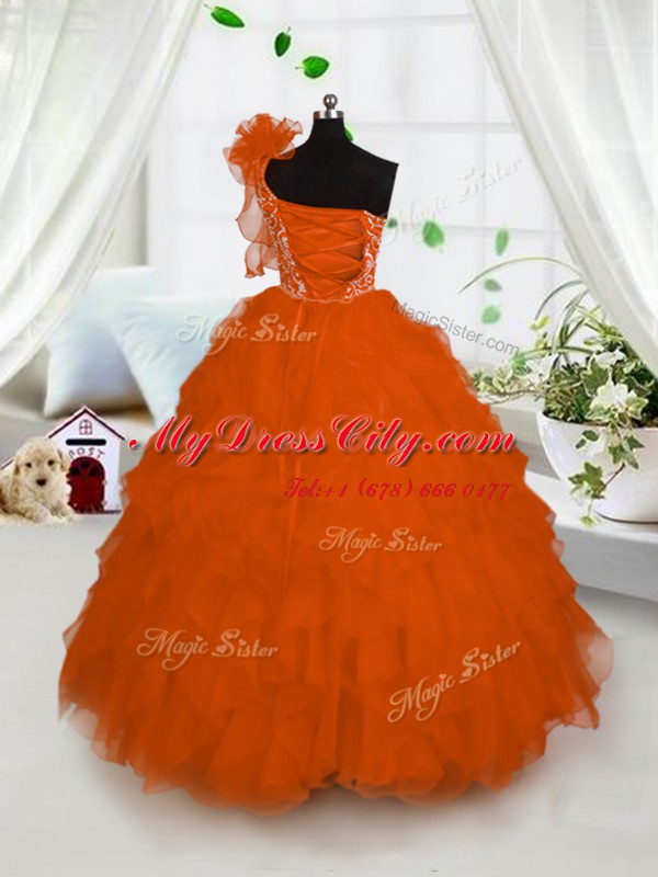 Glorious One Shoulder Embroidery and Ruffles Kids Formal Wear Orange Lace Up Sleeveless Floor Length