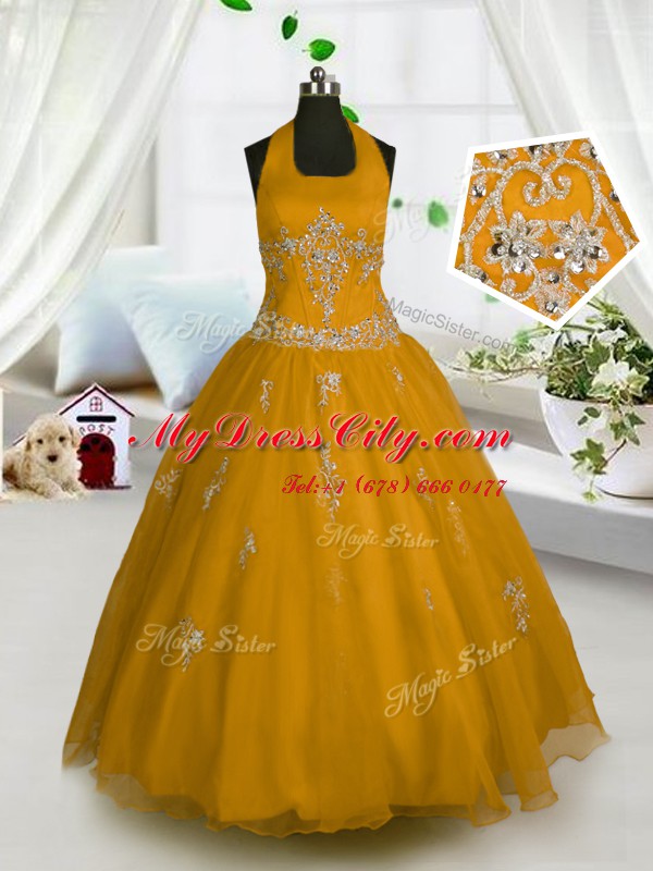 Halter Top Appliques Kids Pageant Dress Orange Lace Up Sleeveless Floor Length