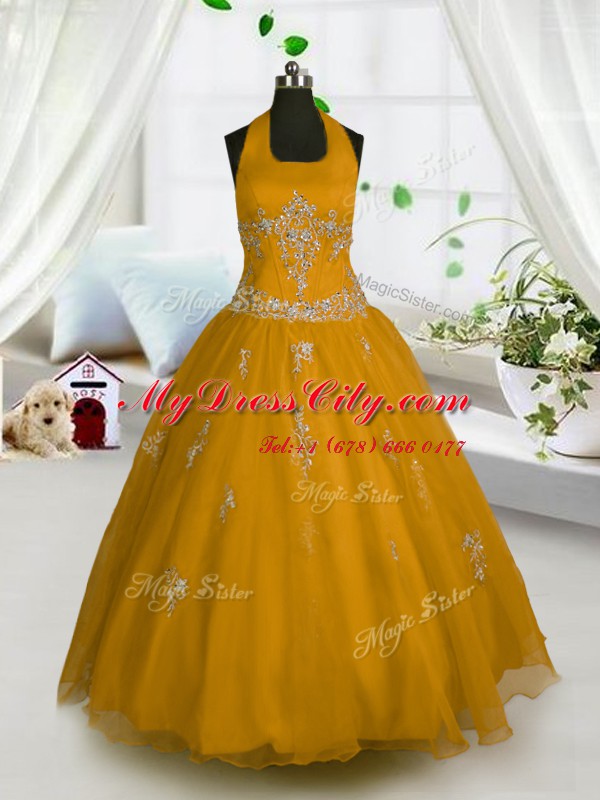 Halter Top Appliques Kids Pageant Dress Orange Lace Up Sleeveless Floor Length