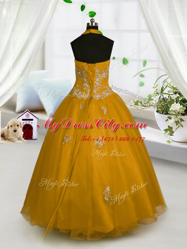 Halter Top Appliques Kids Pageant Dress Orange Lace Up Sleeveless Floor Length