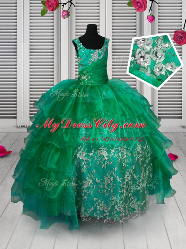 Green Organza Lace Up Straps Sleeveless Floor Length Kids Formal Wear Appliques and Ruffled Layers