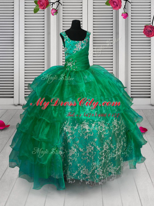 Green Organza Lace Up Straps Sleeveless Floor Length Kids Formal Wear Appliques and Ruffled Layers