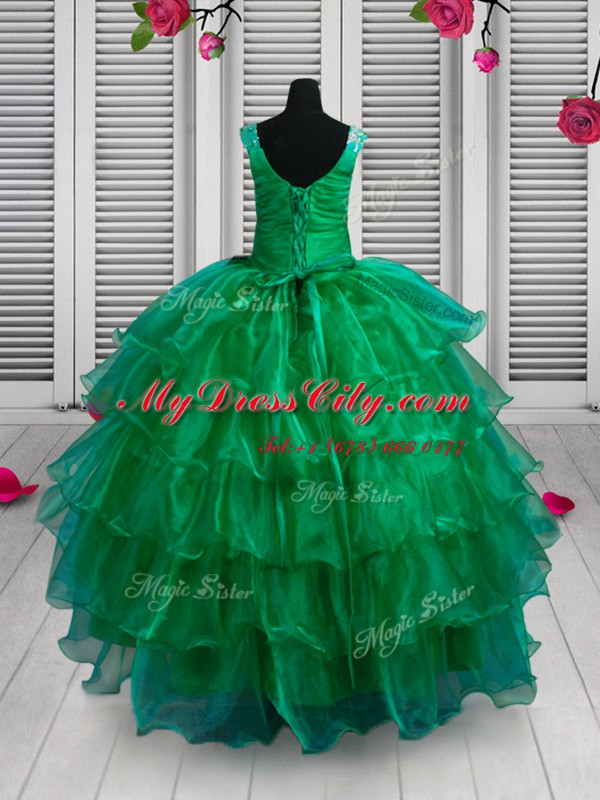 Green Organza Lace Up Straps Sleeveless Floor Length Kids Formal Wear Appliques and Ruffled Layers