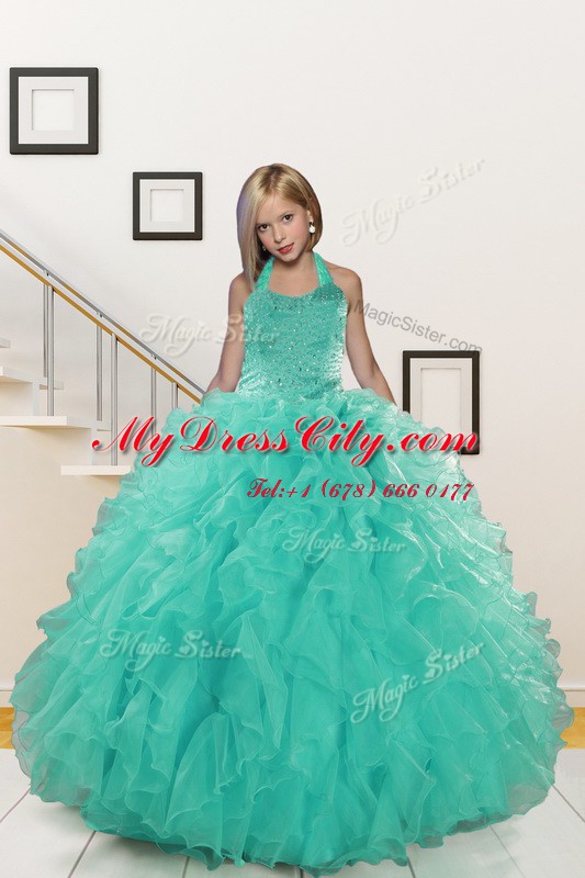 Halter Top Floor Length Turquoise Kids Pageant Dress Organza Sleeveless Beading and Ruffles