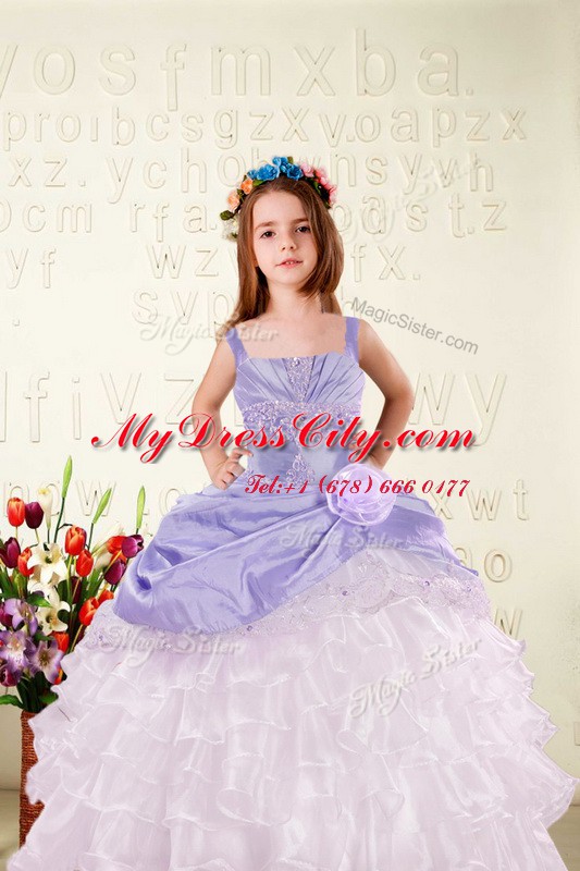 Straps Sleeveless Pageant Gowns For Girls Floor Length Beading and Ruffled Layers and Hand Made Flower Lavender Organza