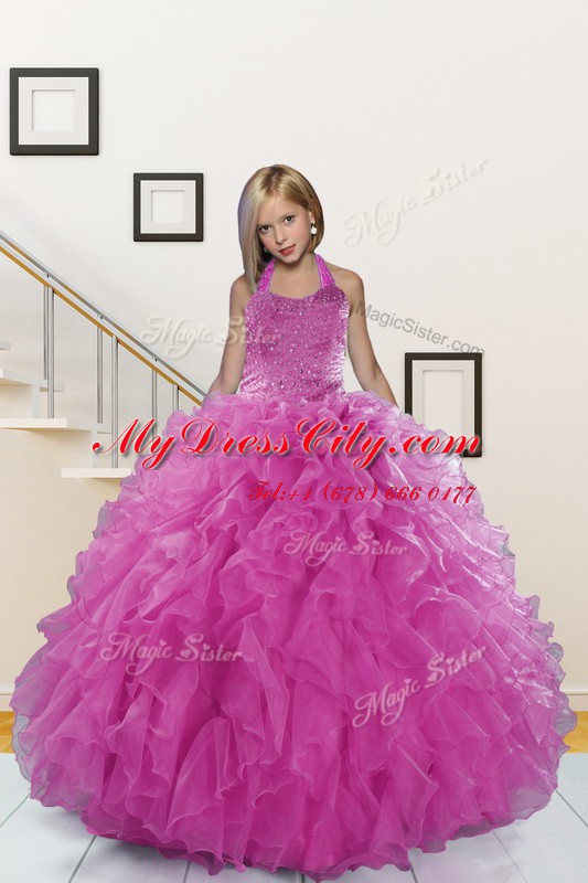 Hot Sale Halter Top Floor Length Pink Custom Made Pageant Dress Organza Sleeveless Beading and Ruffles