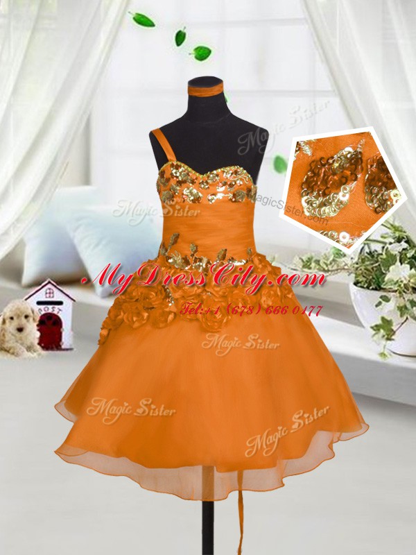 Sweetheart Sleeveless Pageant Dress Toddler Mini Length Beading and Hand Made Flower Orange Red Organza