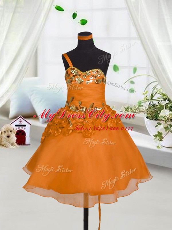 Sweetheart Sleeveless Pageant Dress Toddler Mini Length Beading and Hand Made Flower Orange Red Organza